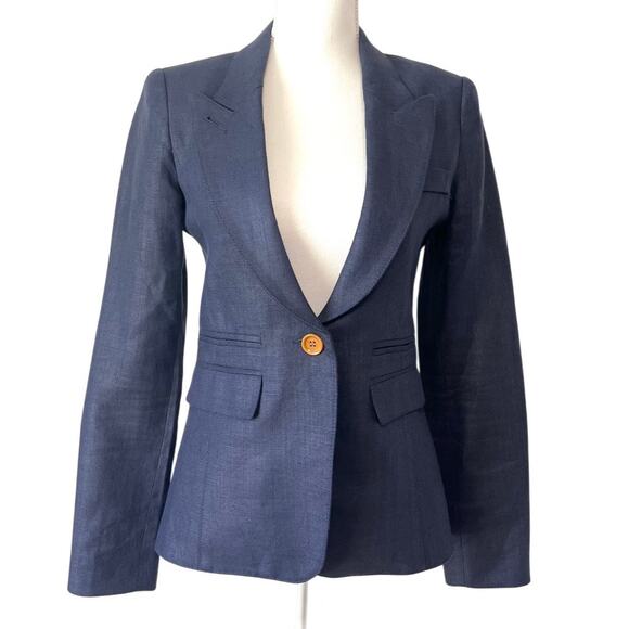 Smythe Navy Linen Duchess Blazer White Elbow Patches Single Button Canada Size 4 - Picture 2 of 9